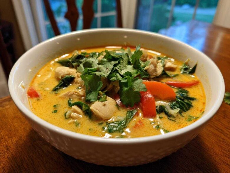 A close-up of a white bowl filled with rich, yellow coconut curry soup, topped with chicken, red peppers, spinach, and fresh cilantro.