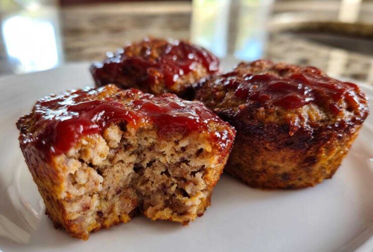 Close-up of three baked mini meatloaf portions topped with ketchup glaze, one showing the moist interior.
