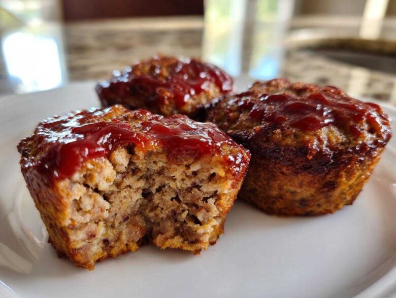 Close-up of three baked mini meatloaf portions topped with ketchup glaze, one showing the moist interior.