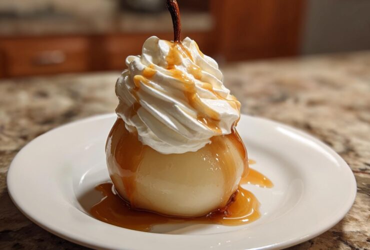 A single, glistening poached pears topped with a swirl of whipped cream and drizzled with caramel sauce on a white plate.