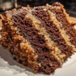 Close-up of a moist slice of german chocolate cake recipe showing dark chocolate layers and coconut pecan frosting.