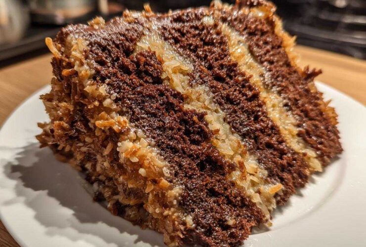 Close-up of a moist slice of german chocolate cake recipe showing dark chocolate layers and coconut pecan frosting.