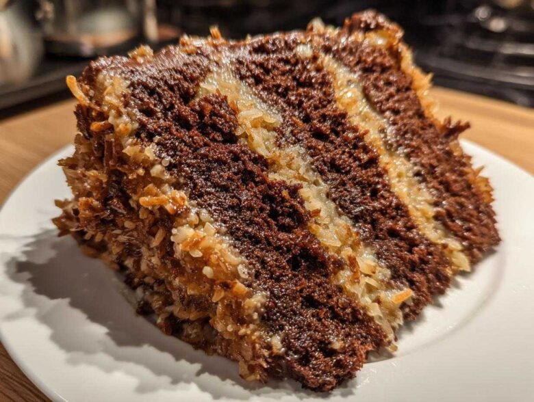 Close-up of a moist slice of german chocolate cake recipe showing dark chocolate layers and coconut pecan frosting.