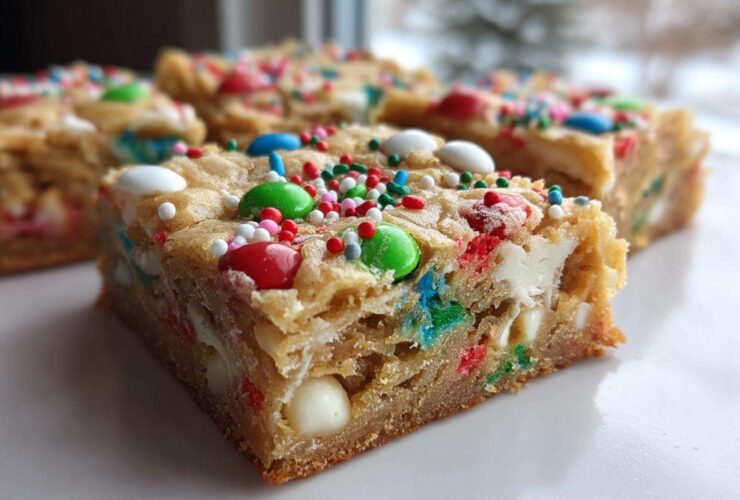 A close-up of a thick, chewy slice of Christmas cookie bars topped with colorful candies and sprinkles.