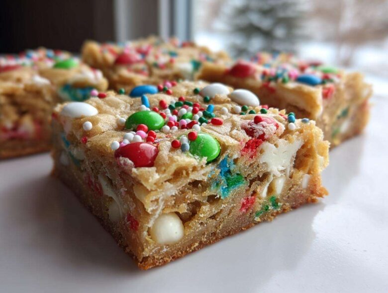 A close-up of a thick, chewy slice of Christmas cookie bars topped with colorful candies and sprinkles.