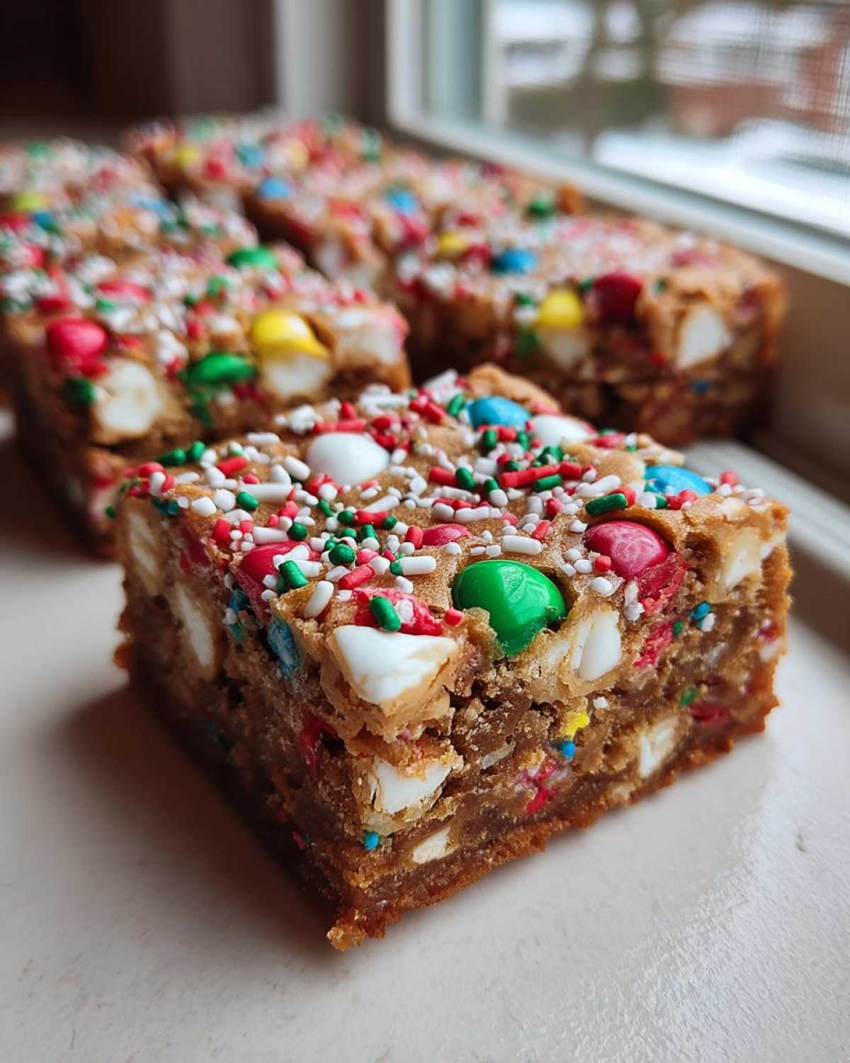 A close-up of a thick, chewy christmas cookie bars square topped with colorful M&Ms and holiday sprinkles.
