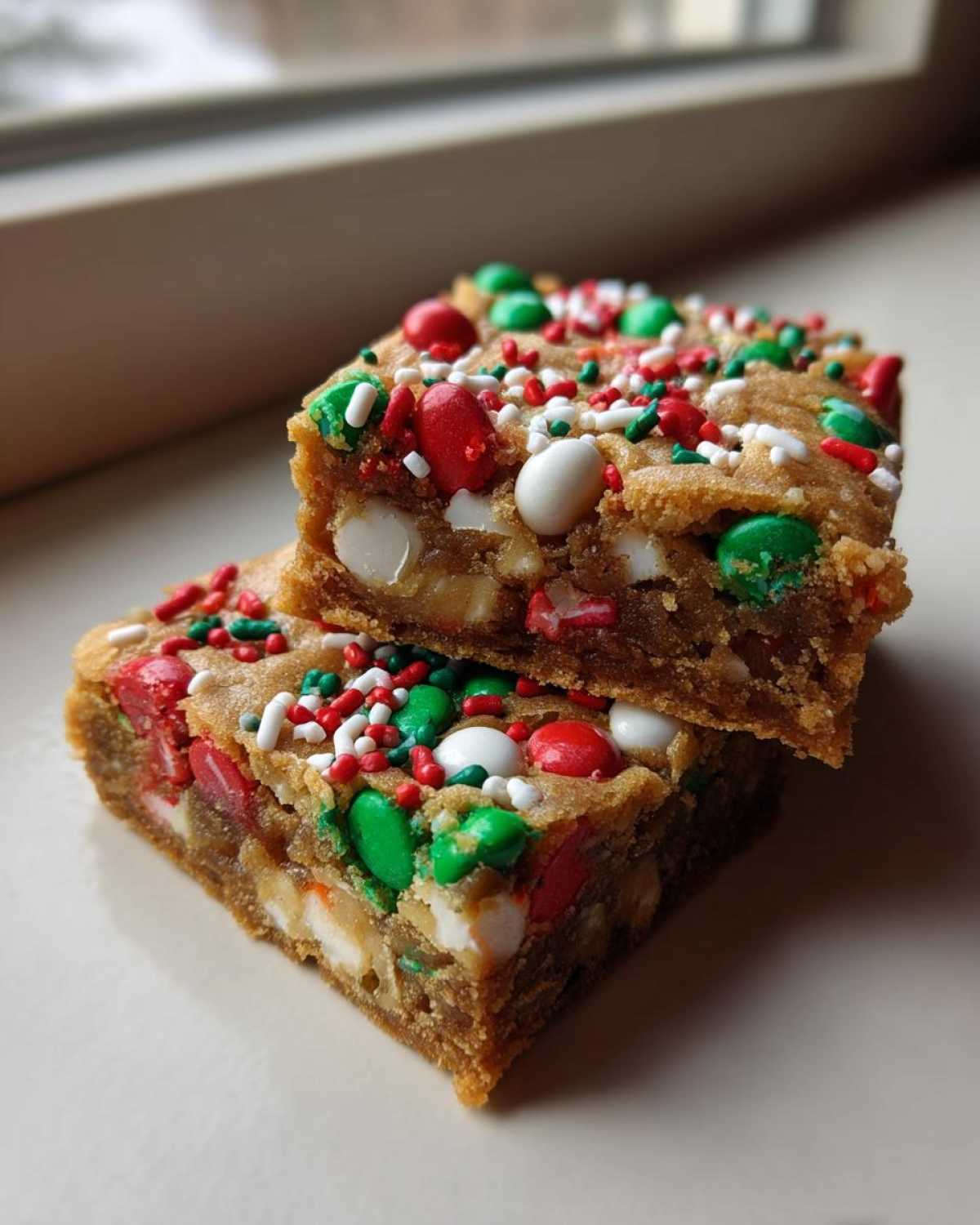 Two rich, chewy christmas cookie bars stacked, topped with white chocolate chips and red, green, and white holiday sprinkles.