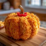 A festive pumpkin cheese ball covered in shredded orange cheese, topped with a real pumpkin stem and red pepper piece.