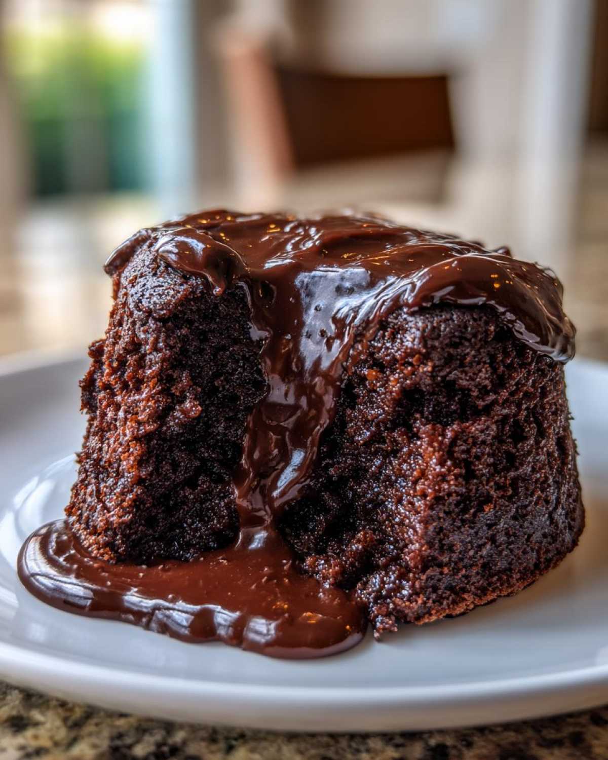 A moist slice of flourless chocolate cake topped with thick, glossy chocolate ganache dripping down the sides.