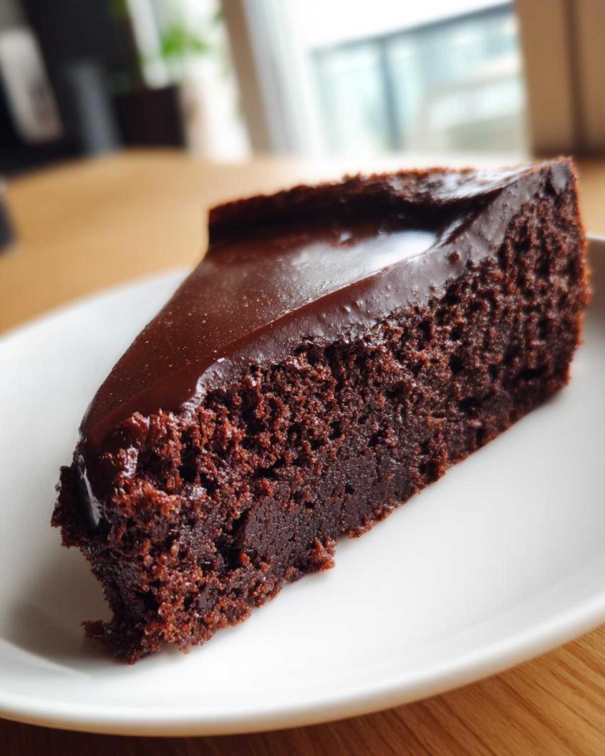 A close-up of a rich, dark slice of flourless chocolate cake topped with shiny chocolate ganache.