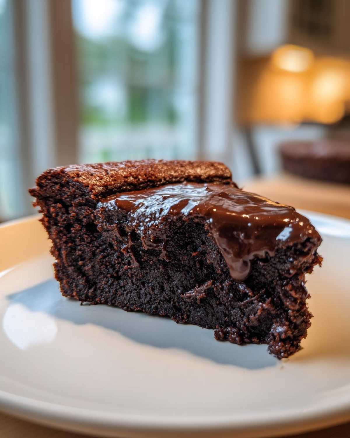 A rich, dark slice of flourless chocolate cake topped with glossy melted chocolate ganache, served on a white plate.