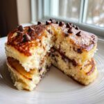 Close-up of thick, fluffy sheet pan pancakes cut in half, revealing chocolate chips inside and on top.
