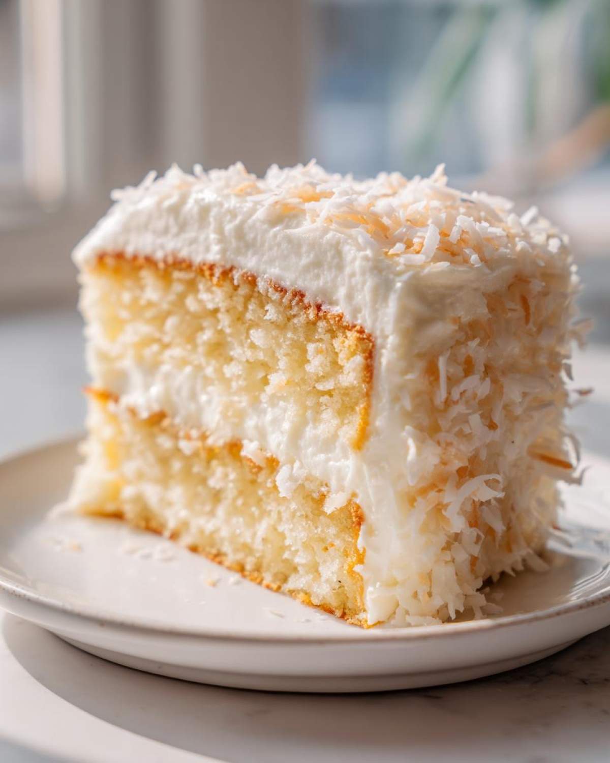A close-up of a moist, fluffy slice of coconut cake layered with white frosting and topped with toasted coconut flakes.