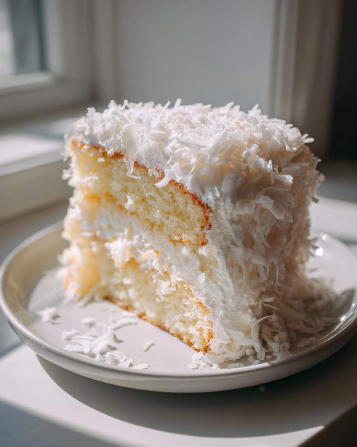 A close-up slice of fluffy coconut cake layered with frosting and covered in shredded coconut.