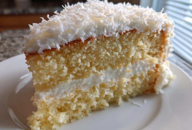 Close-up of a moist slice of coconut cake showing layers of yellow sponge, white frosting, and topped with shredded coconut.