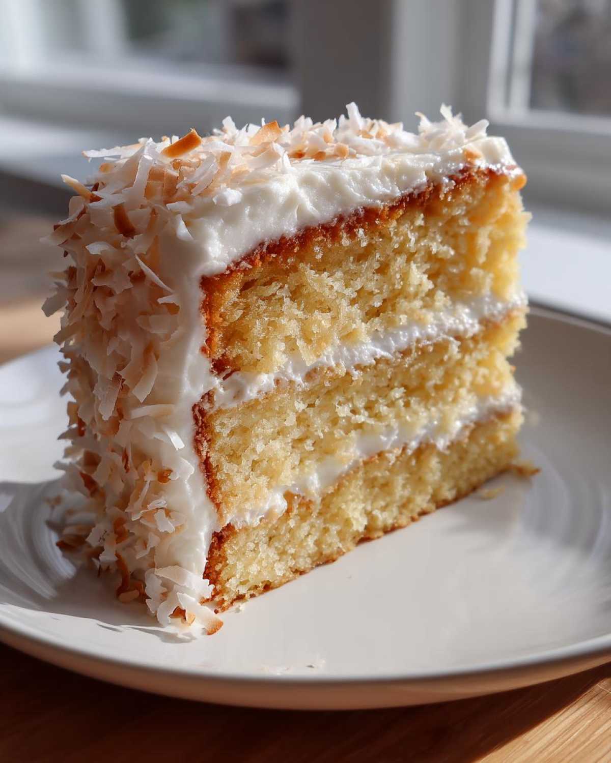 A tall slice of fluffy coconut cake layered with white frosting and covered in toasted coconut flakes.