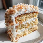 Close-up of a moist slice of coconut cake layered with white frosting and topped with toasted coconut flakes.
