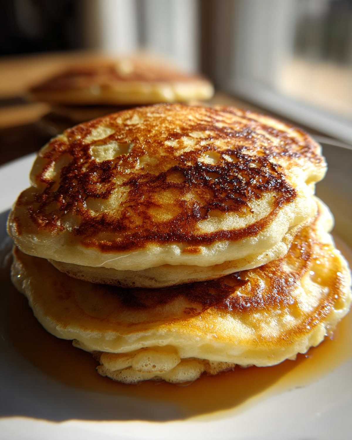 Close-up of a stack of three fluffy pancakes drizzled with syrup, showing perfectly golden brown tops.