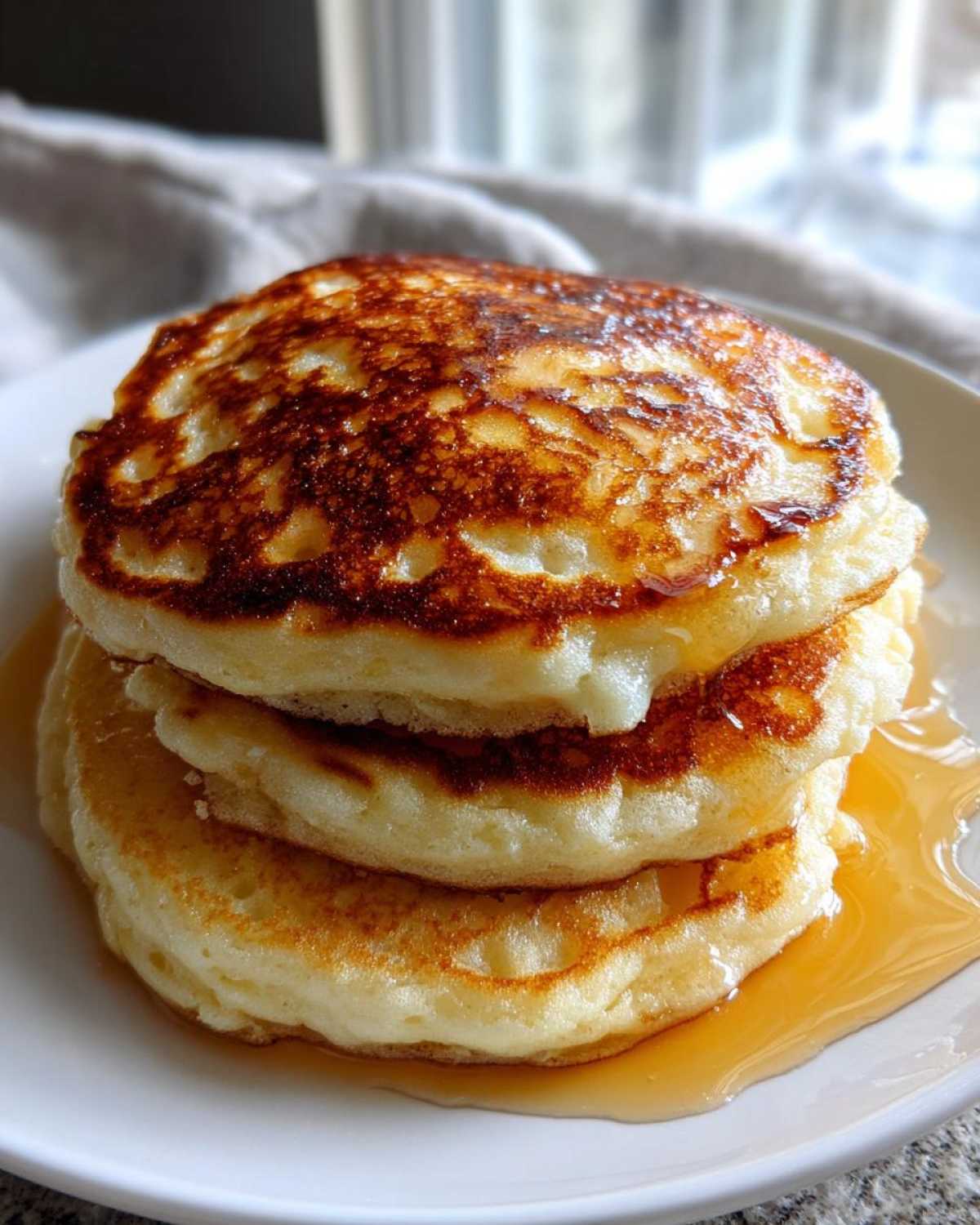 A stack of three fluffy pancakes drizzled with syrup, showcasing perfectly golden brown tops.