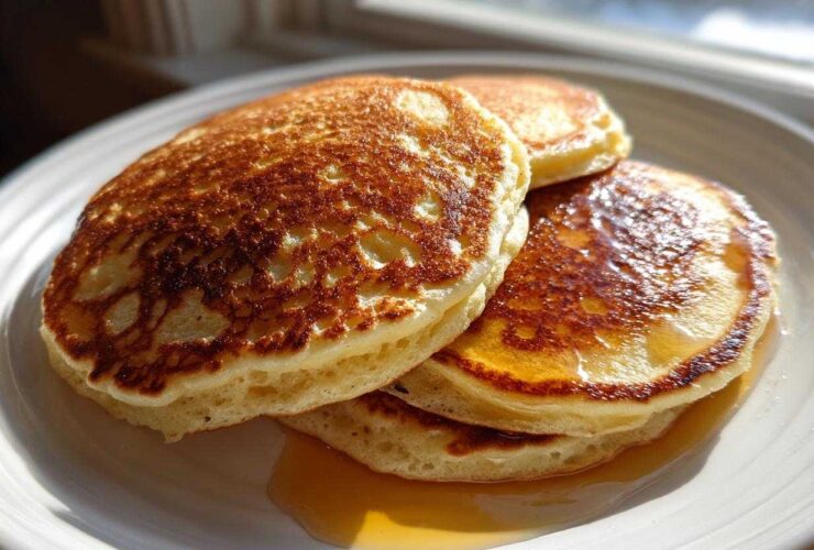 A close-up stack of three golden brown, fluffy pancakes drizzled with maple syrup on a white plate.