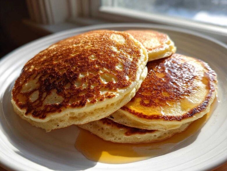 A close-up stack of three golden brown, fluffy pancakes drizzled with maple syrup on a white plate.