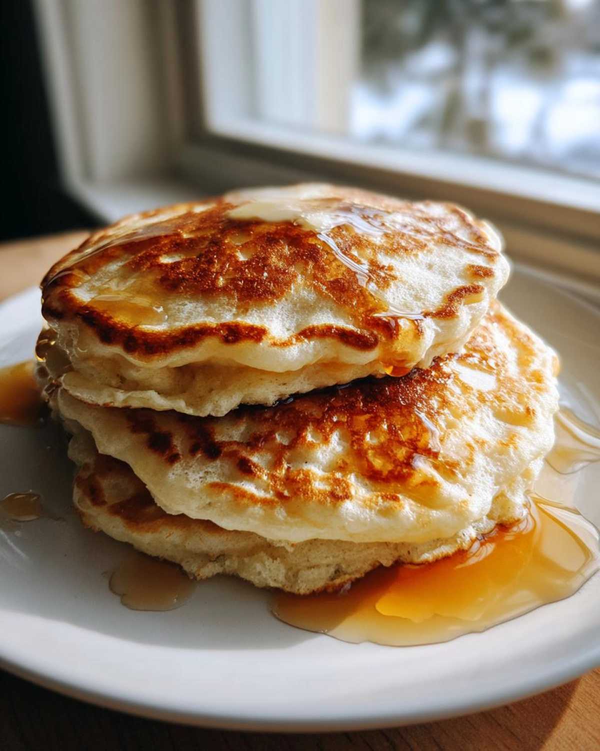 Close-up of a stack of three fluffy pancakes drizzled generously with golden syrup, sitting on a white plate.