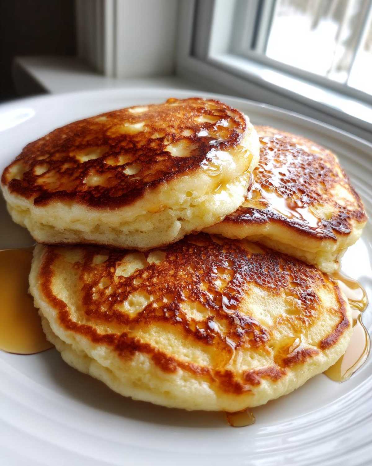 Close-up of three fluffy pancakes stacked on a white plate, generously drizzled with maple syrup.