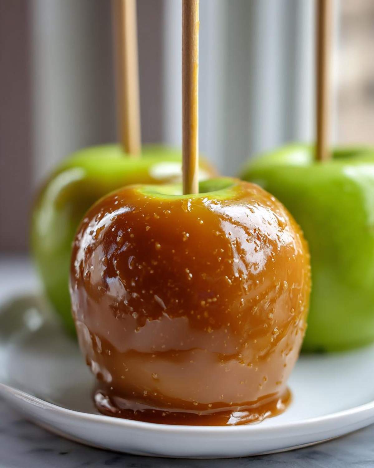 A close-up of a glossy, freshly dipped caramel apple with a wooden stick, with two green apples blurred in the background.