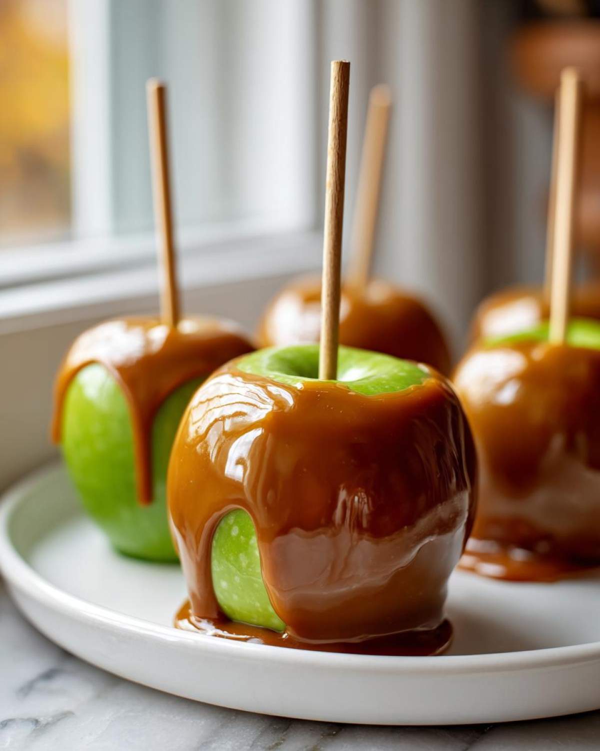 Close-up of bright green Granny Smith caramel apples dipped in thick, glossy caramel sauce, resting on a white plate.