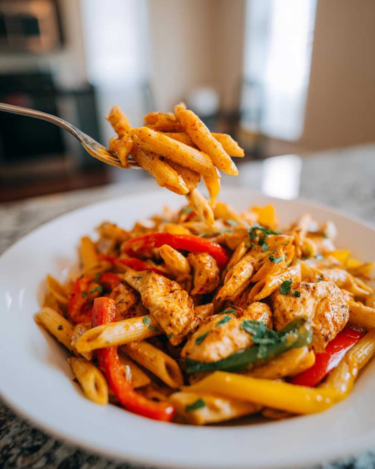 A fork lifts a bite of creamy, seasoned penne pasta from a bowl of vibrant Rasta Pasta with chicken and bell peppers.