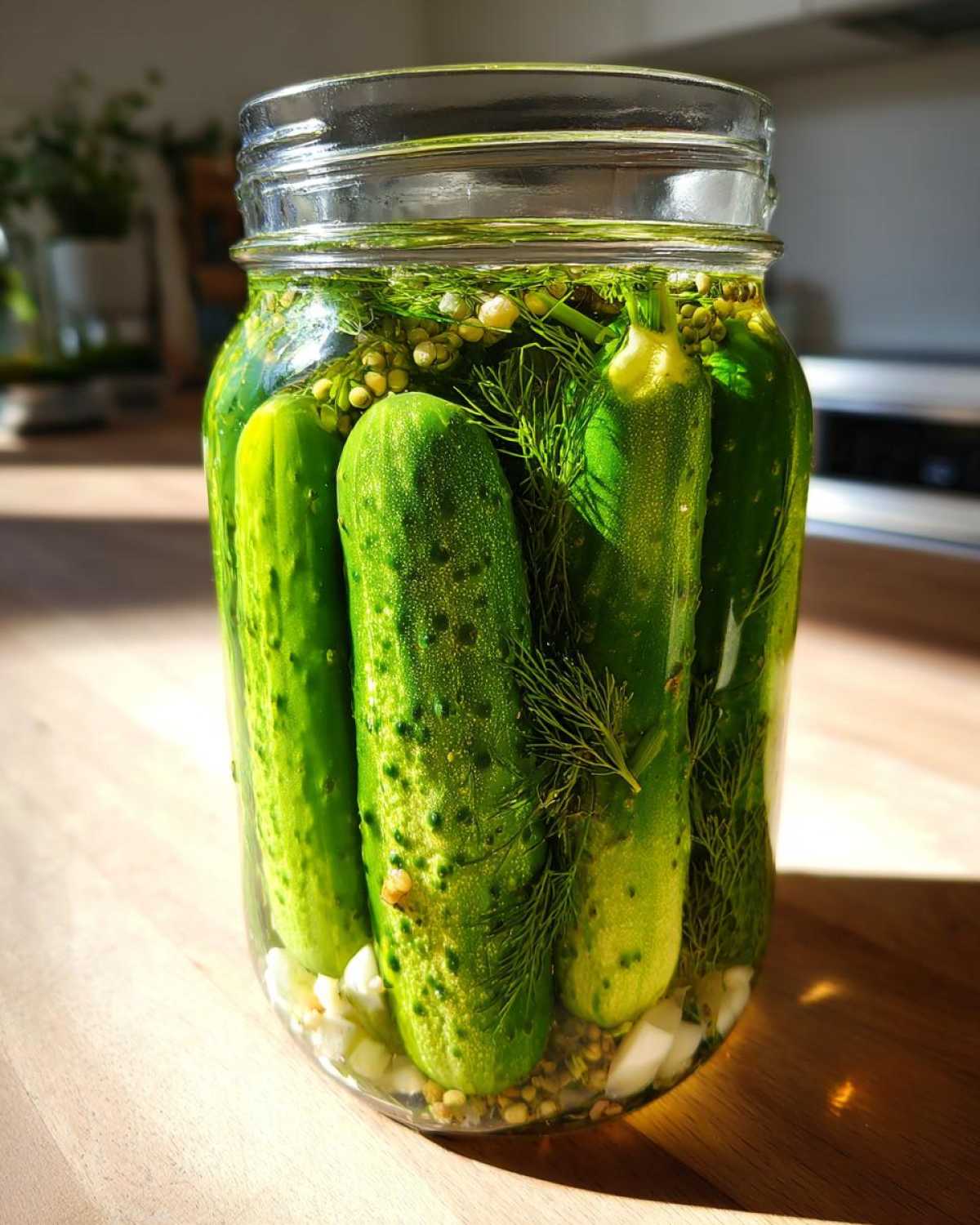 Close-up of fresh cucumbers packed in a jar with dill and garlic for making refrigerator pickles.