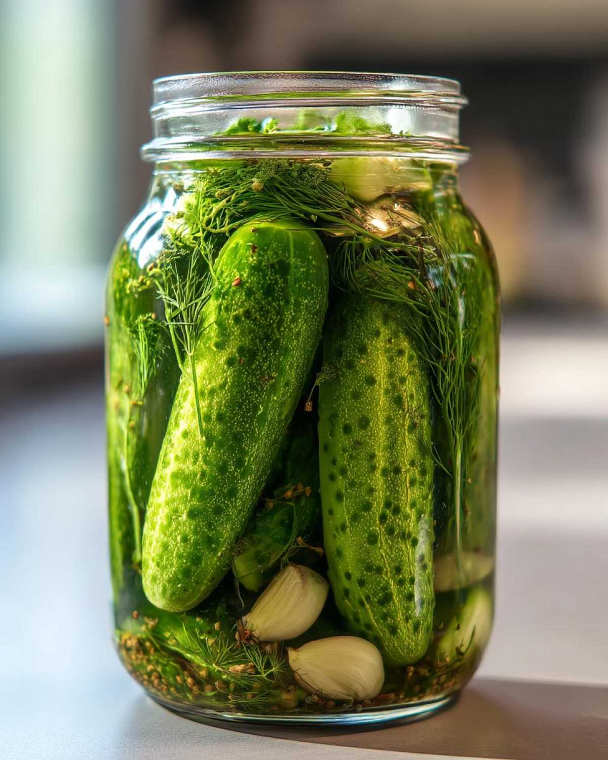 Close-up of fresh cucumbers, dill, and garlic cloves ready to make refrigerator pickles in a glass jar.