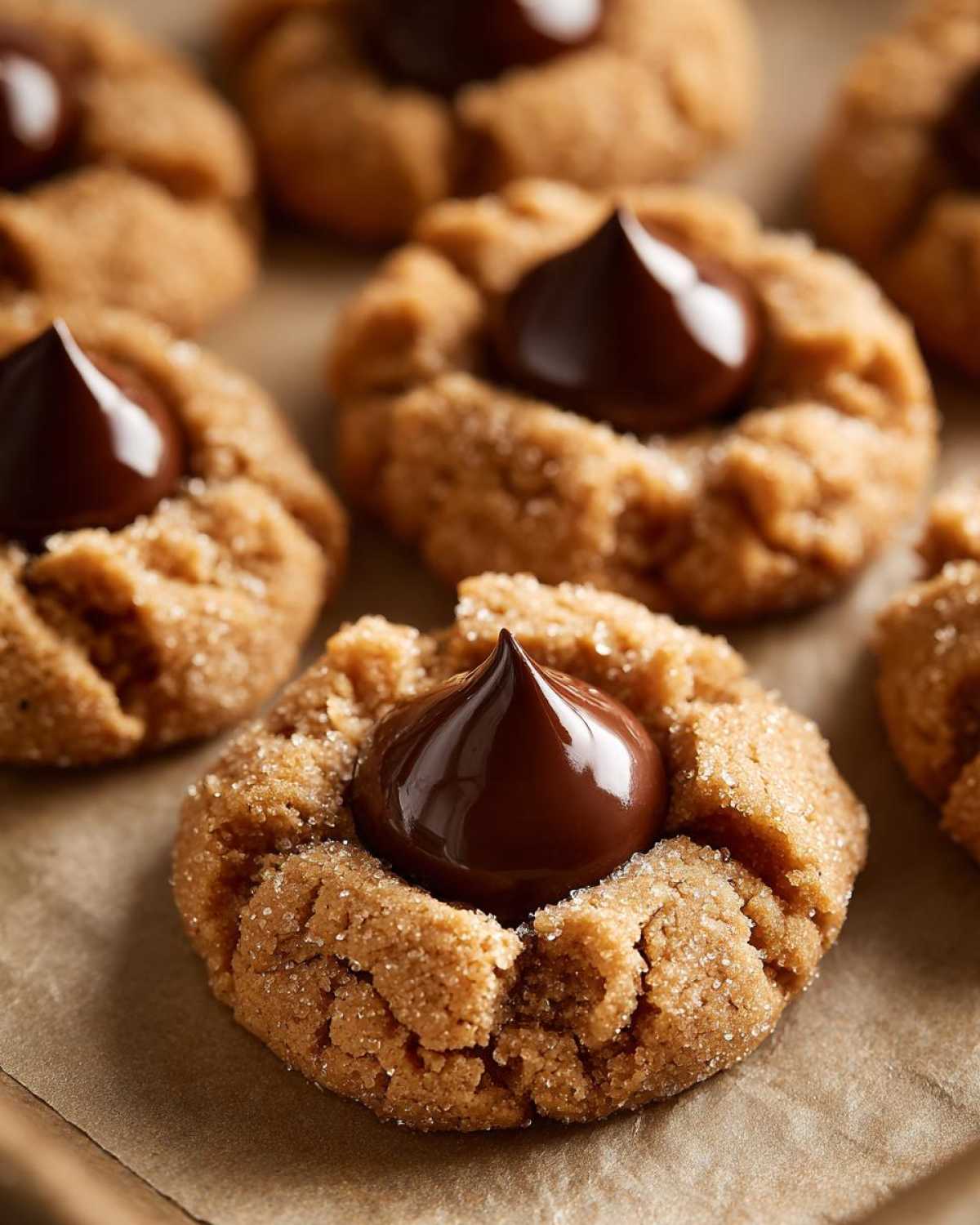 A close-up of a freshly baked peanut butter blossom cookie rolled in sugar with a dollop of melted chocolate on top.