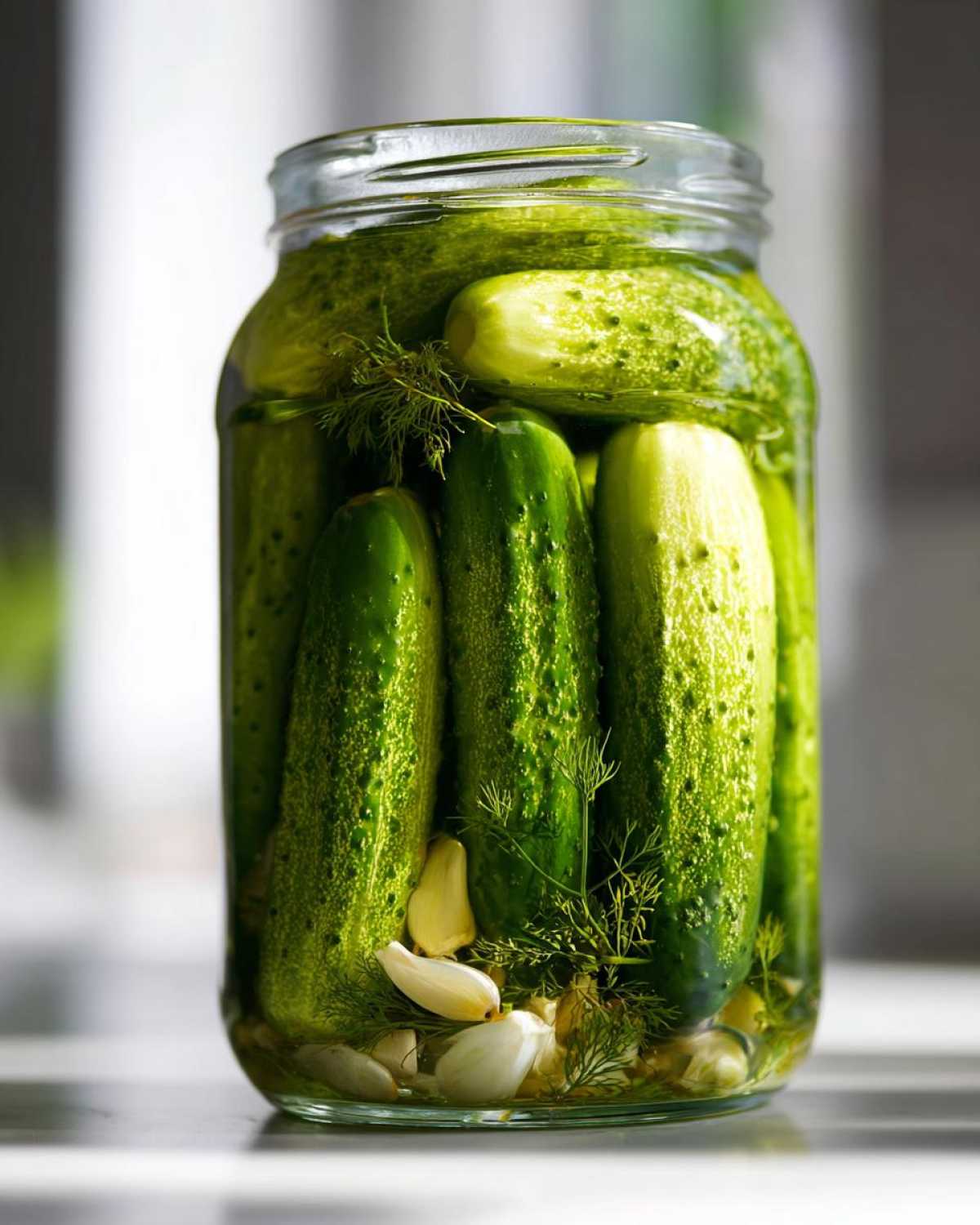 Close-up of crisp cucumbers being made into refrigerator pickles with fresh dill and garlic cloves in a clear glass jar.