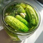 Overhead view of fresh cucumbers, dill, and garlic ready to become refrigerator pickles in a glass jar.