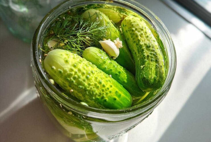 Overhead view of fresh cucumbers, dill, and garlic ready to become refrigerator pickles in a glass jar.