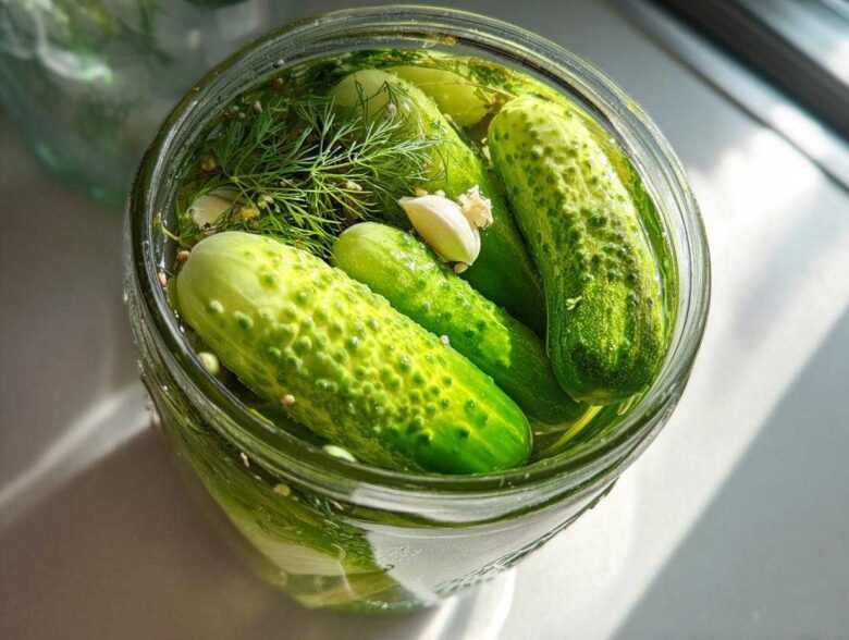 Overhead view of fresh cucumbers, dill, and garlic ready to become refrigerator pickles in a glass jar.