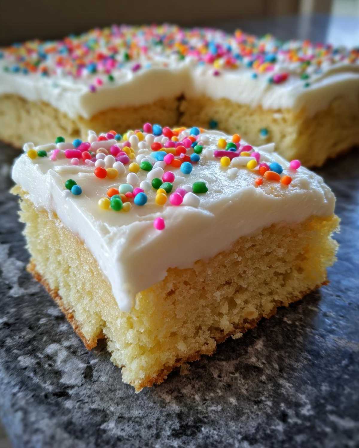 A square slice of soft, yellow sugar cookie bars topped with thick white frosting and colorful rainbow sprinkles.