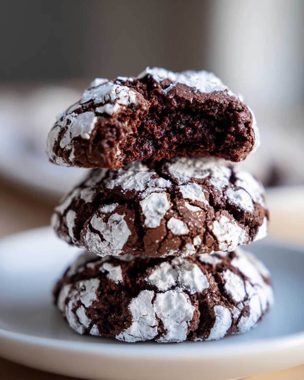 A stack of three fudgy chocolate crinkle cookies dusted heavily with powdered sugar, the top one having a bite taken out.