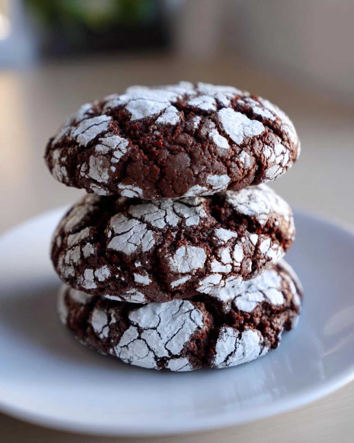 A stack of three fudgy chocolate crinkle cookies coated in cracked white powdered sugar, resting on a white plate.