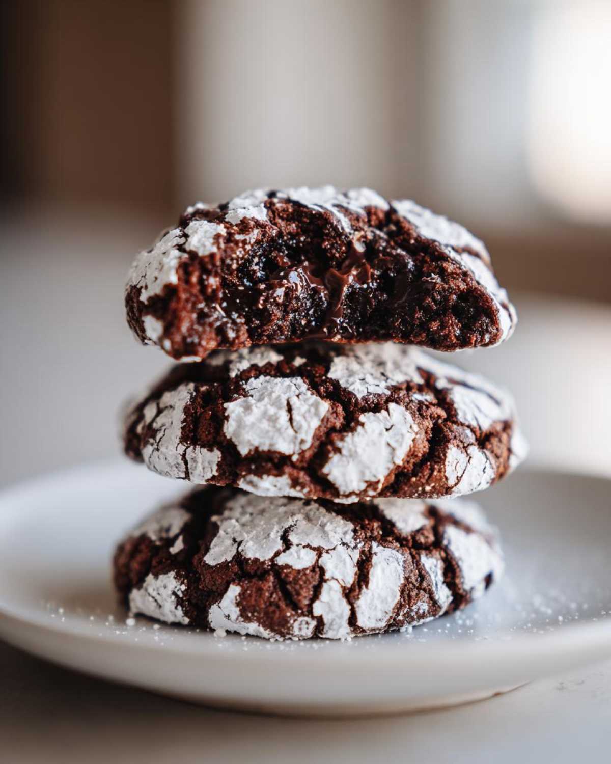 A stack of three fudgy chocolate crinkle cookies dusted heavily with powdered sugar, showing a gooey center in the top cookie.