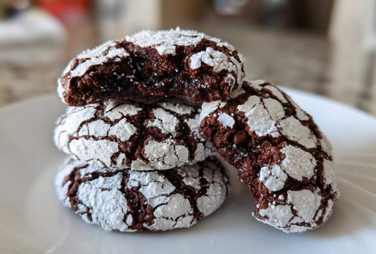 A stack of four rich, dark chocolate crinkle cookies dusted heavily with powdered sugar, one cookie broken open to show the fudgy interior.