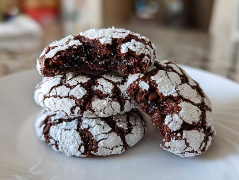 A stack of four rich, dark chocolate crinkle cookies dusted heavily with powdered sugar, one cookie broken open to show the fudgy interior.