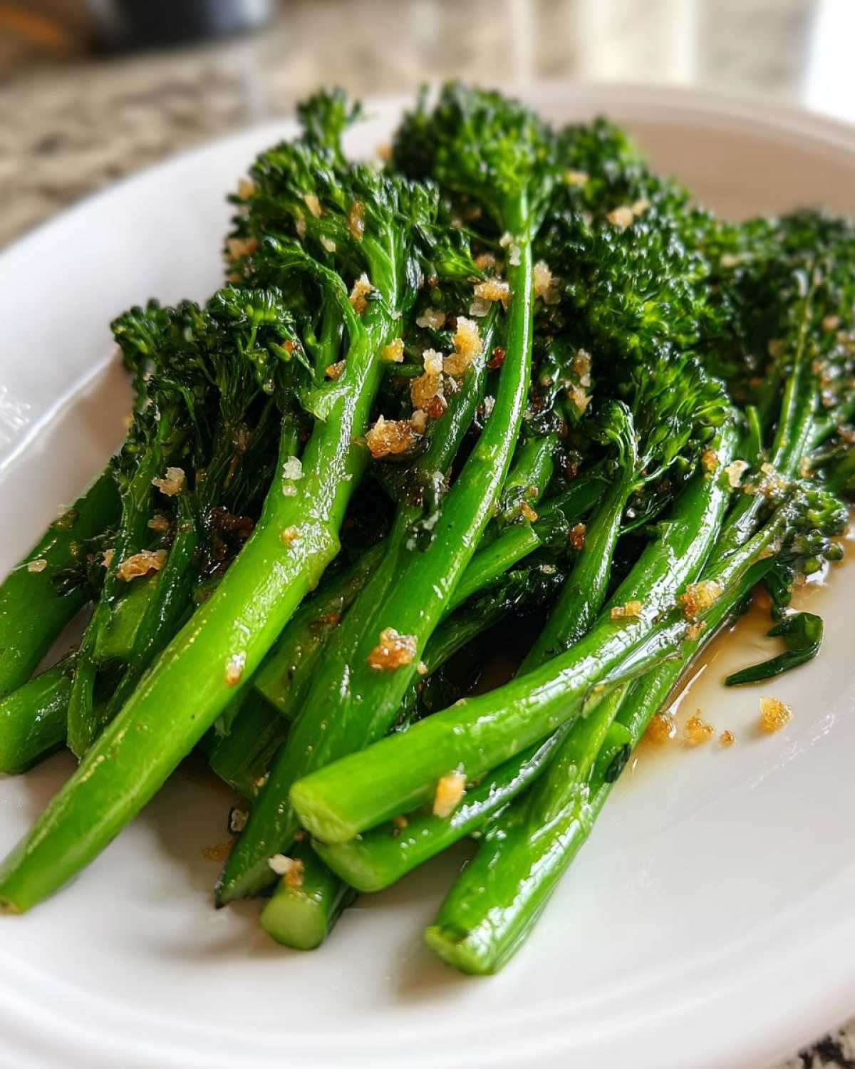 Close-up of bright green, tender broccolini stalks seasoned with garlic and oil on a white plate.