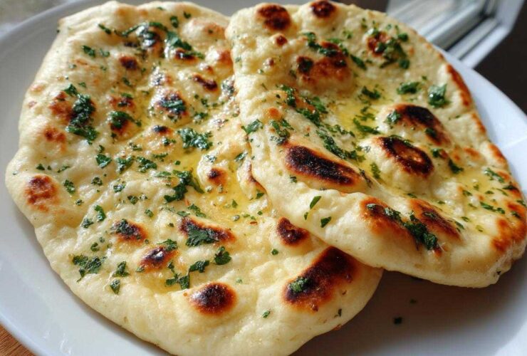 Two pieces of freshly baked naan bread brushed with melted butter and topped with chopped parsley.