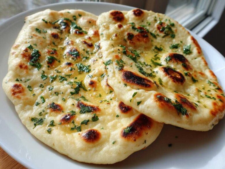 Two pieces of freshly baked naan bread brushed with melted butter and topped with chopped parsley.