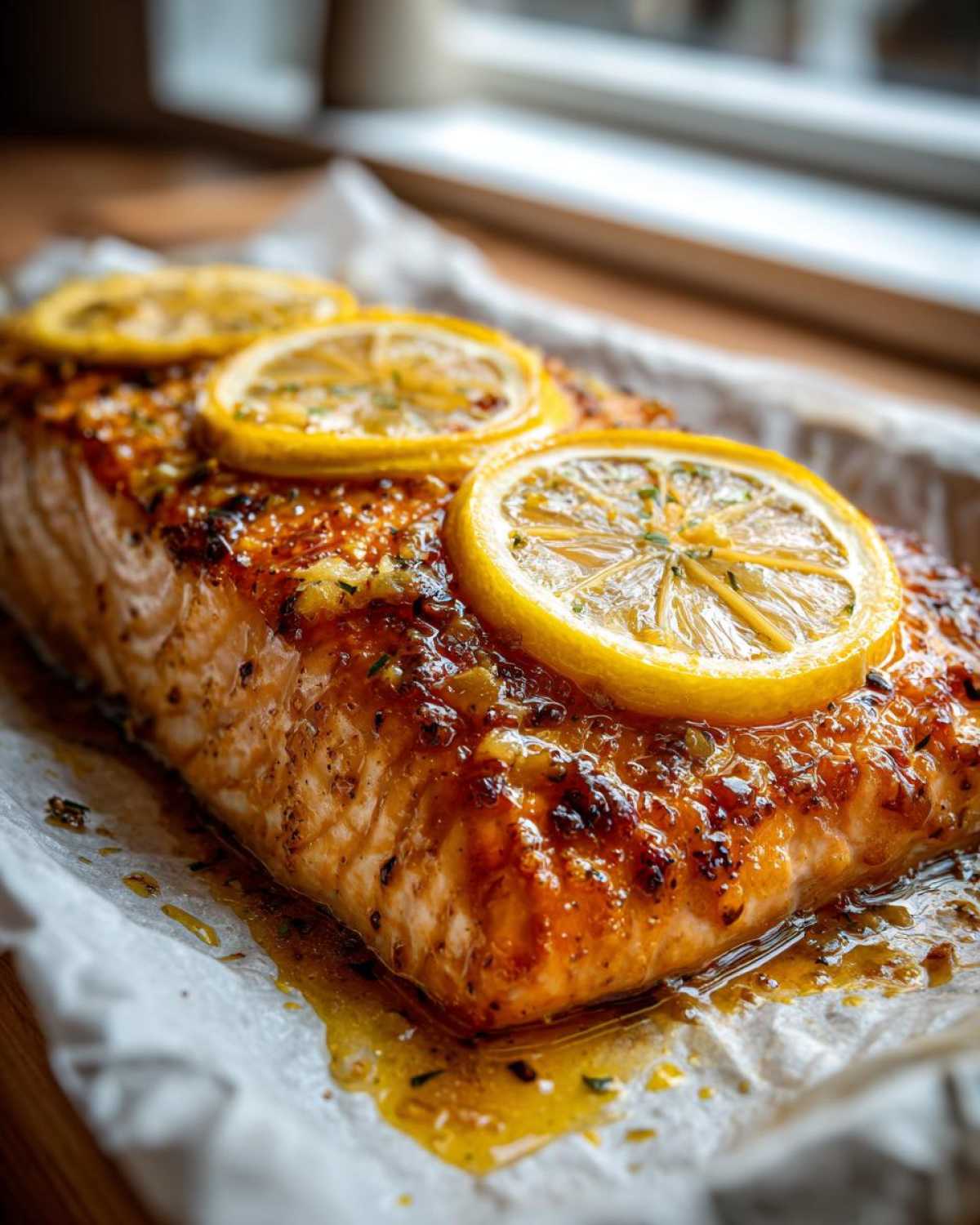 Close-up of a perfectly cooked garlic butter salmon fillet topped with three bright lemon slices.