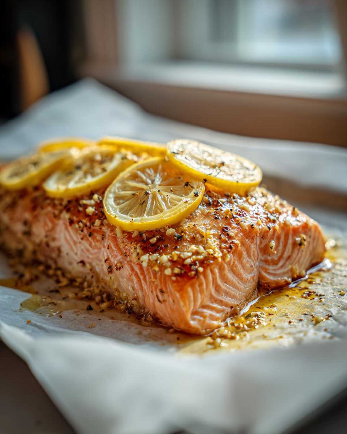 Close-up of a cooked garlic butter salmon fillet topped with thin lemon slices and seasoning.