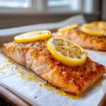 Close-up of a perfectly cooked garlic butter salmon fillet topped with fresh lemon slices.