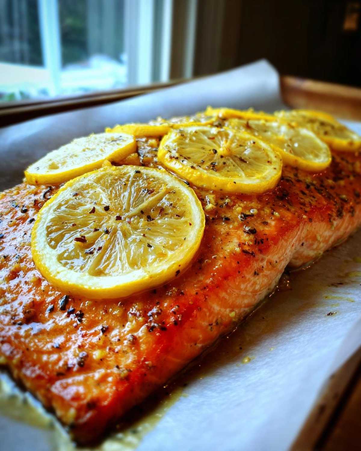 Close-up of a perfectly cooked garlic butter salmon fillet topped with fresh lemon slices.